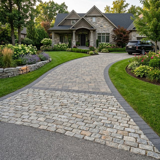 Custom driveway featuring a gorgeous cobblestone apron
