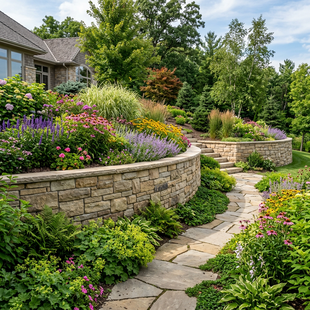 Curved interlocking retaining wall with hardscaping