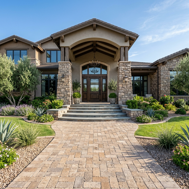 Front entrance with paver walkway and stone pillars