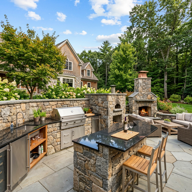 High-end modern outdoor kitchen built with natural stone veneer