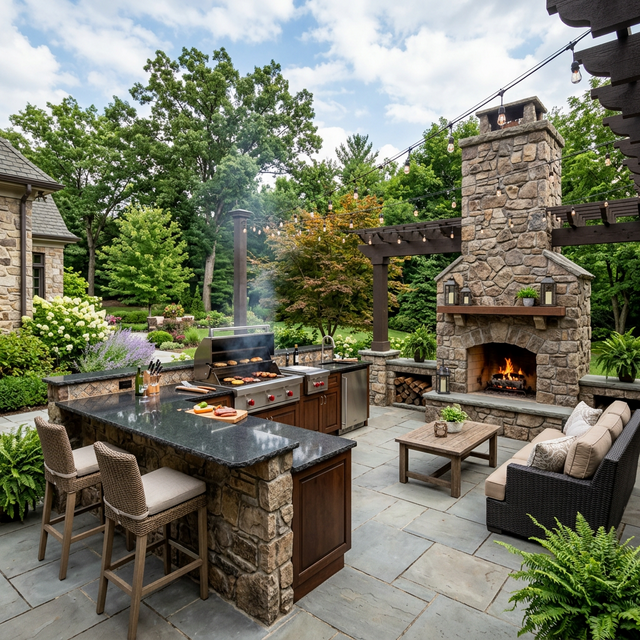 Outdoor kitchen and masonry fireplace Massachusetts