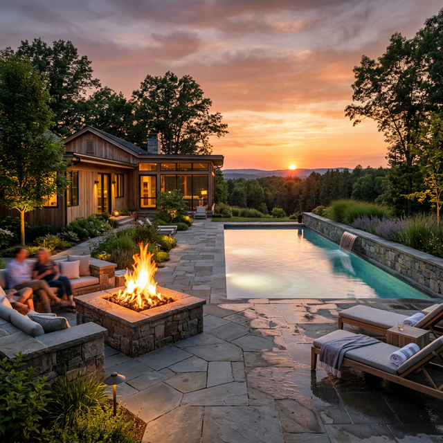 Luxury stone patio with fire pit and pool in MA