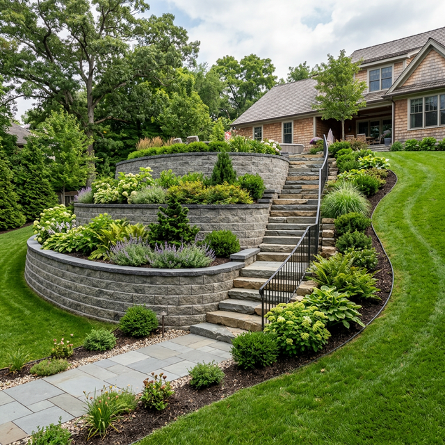 Multi-tiered engineered block retaining wall with natural stone steps