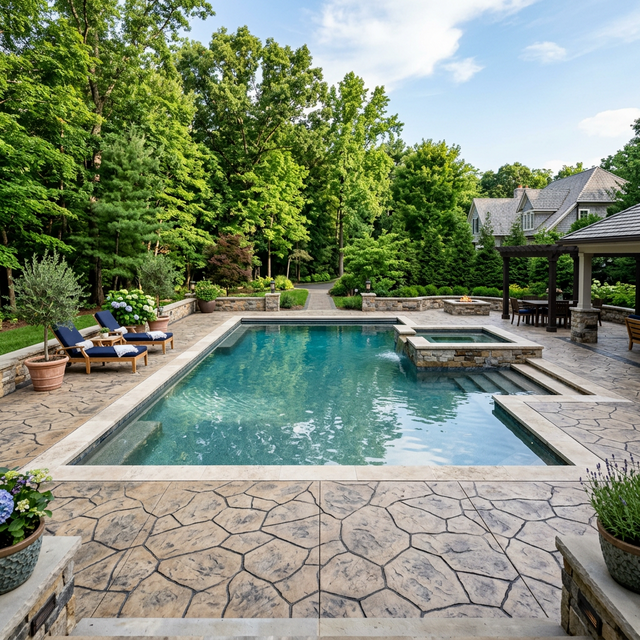 Beautiful stamped concrete pool deck with water reflections
