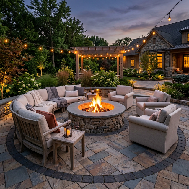 Circular custom stone fire pit surrounded by a paver patio