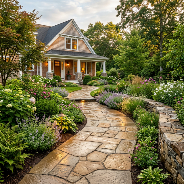 Natural stone walkway winding through green garden landscape